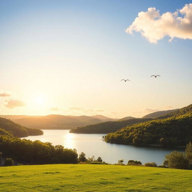 A serene landscape featuring a beautiful lake surrounded by lush green hills and trees