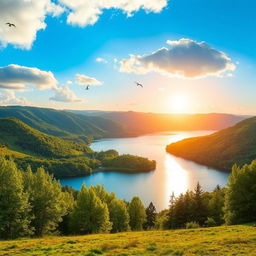 A serene landscape featuring a beautiful lake surrounded by lush green hills and trees