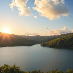 A serene landscape featuring a beautiful lake surrounded by lush green hills and trees