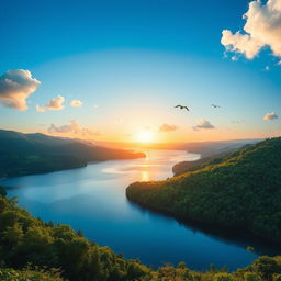 A serene landscape featuring a beautiful lake surrounded by lush green hills and trees