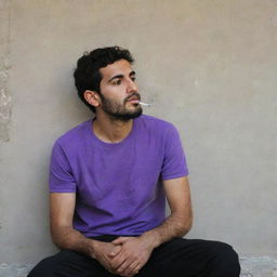 A 25-year-old Iranian Muslim man, donned in a purple t-shirt and black pants, sitting behind a wall immersed in his thoughts whilst smoking.