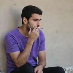 A 25-year-old Iranian Muslim man, donned in a purple t-shirt and black pants, sitting behind a wall immersed in his thoughts whilst smoking.