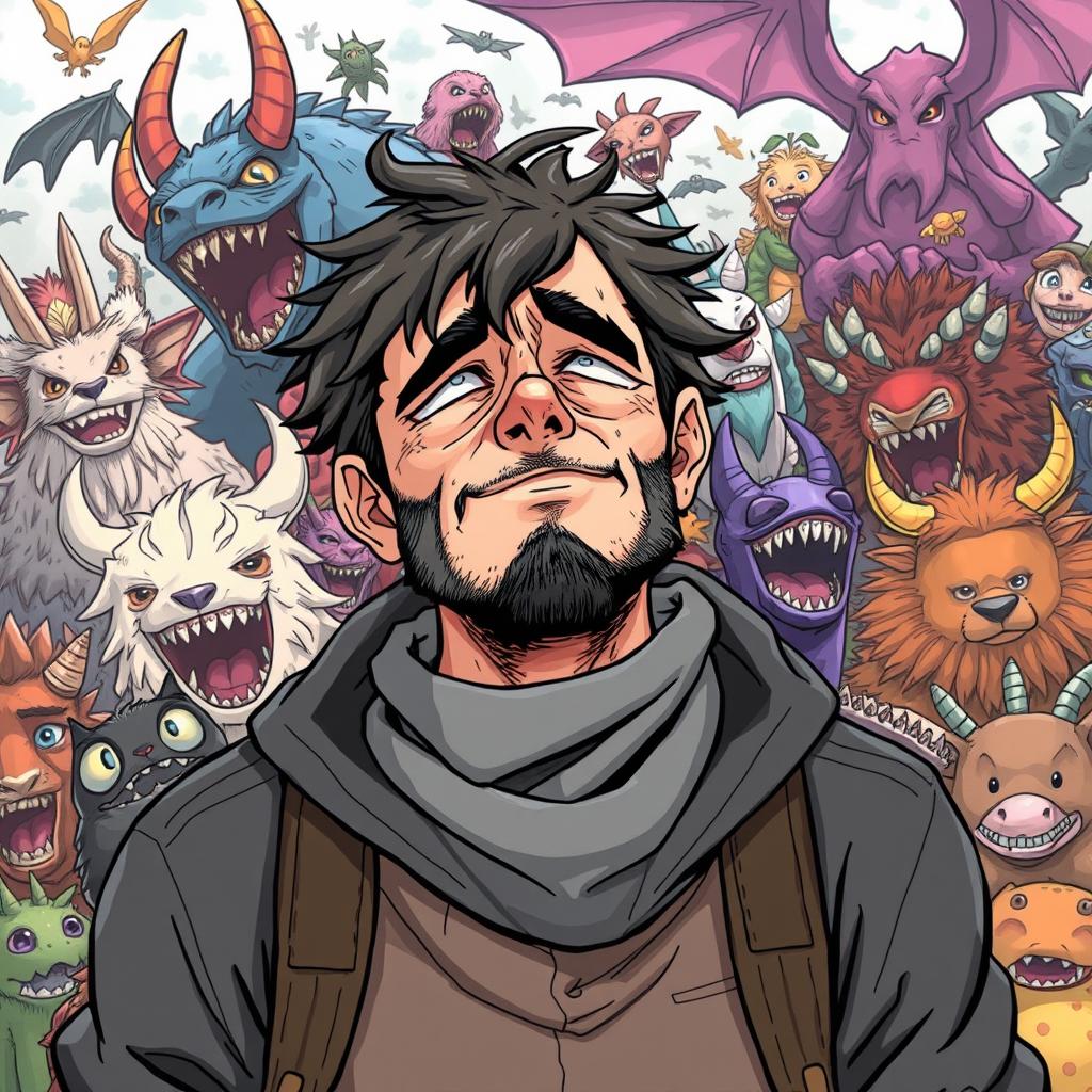 A tired-looking manga man finds himself in a world full of beasts but surprisingly enjoys it