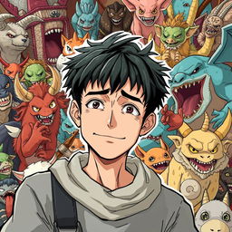 A tired-looking manga man finds himself in a world full of beasts but surprisingly enjoys it