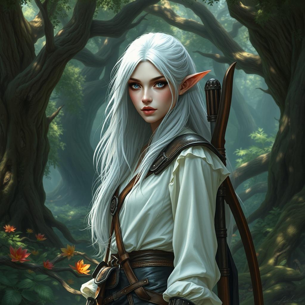 A changeling ranger stands in a mystical forest, wearing a blouse and pieces of leather armor