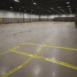 An intricately detailed image of a crime scene within a large industrial warehouse. Evidence markers, yellow tape, and scattered tools create a tense atmosphere.