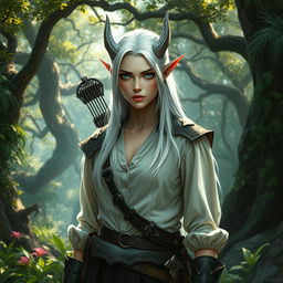 A changeling ranger stands in a mystical forest, wearing a blouse and pieces of leather armor