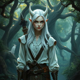 A changeling ranger stands in a mystical forest, wearing a blouse and pieces of leather armor