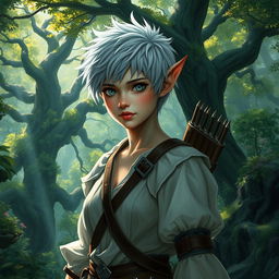 A changeling ranger stands in a mystical forest, with short fluffy hair and grey eyes that are sharp and alert