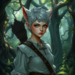 A changeling ranger stands in a mystical forest, with short fluffy hair and grey eyes that are sharp and alert