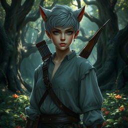 A changeling ranger stands in a mystical forest, with short fluffy hair and grey eyes that are sharp and alert