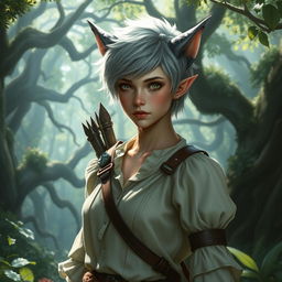 A changeling ranger stands in a mystical forest, with short fluffy hair and grey eyes that are sharp and alert