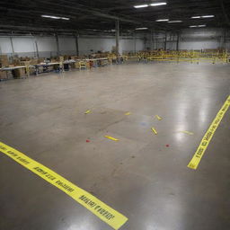 An intricately detailed image of a crime scene within a large industrial warehouse. Evidence markers, yellow tape, and scattered tools create a tense atmosphere.