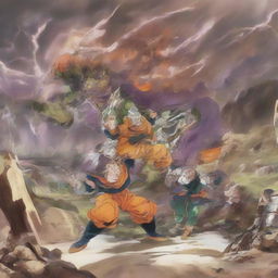 Create a dynamic scene from the Cell Saga in Dragonball Z, featuring Super Saiyan 2 Gohan battling Perfect Cell in a devastated landscape with energy blasts and shockwaves