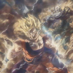 Create a dynamic scene from the Cell Saga in Dragonball Z, featuring Super Saiyan 2 Gohan battling Perfect Cell in a devastated landscape with energy blasts and shockwaves