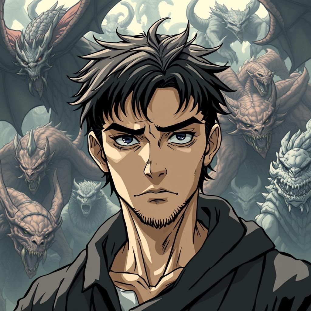 A tired-looking manga man finds himself in a vast world where beasts exist