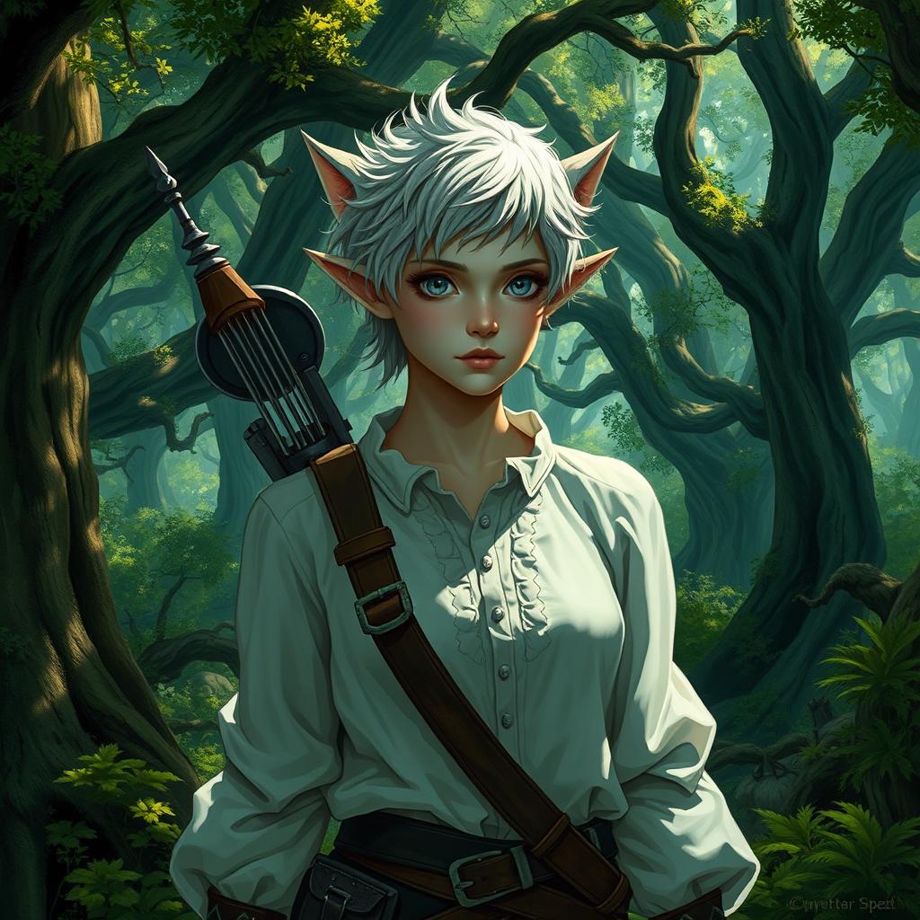 A changeling ranger stands in a mystical forest, with short fluffy hair and grey eyes that are sharp and alert