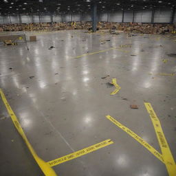 An intricately detailed image of a crime scene within a large industrial warehouse. Evidence markers, yellow tape, and scattered tools create a tense atmosphere.