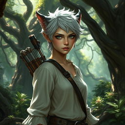 A changeling ranger stands in a mystical forest, with short fluffy hair and grey eyes that are sharp and alert