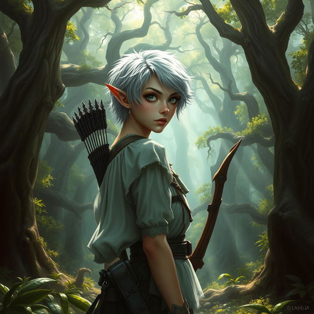 A changeling ranger stands in a mystical forest, with short fluffy hair and grey eyes that are sharp and alert