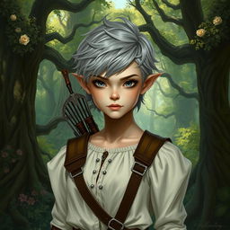 A changeling ranger stands in a mystical forest, with short fluffy hair and grey eyes that are sharp and alert