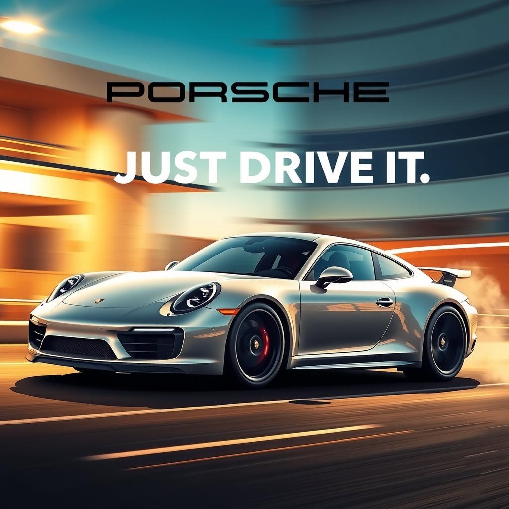 A high-quality poster of a Porsche 911 with the text 'JUST DRIVE IT' in a dynamic urban setting, suggesting speed and performance