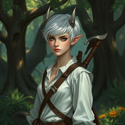 A changeling ranger stands in a mystical forest, with short hair and grey eyes that are sharp and alert