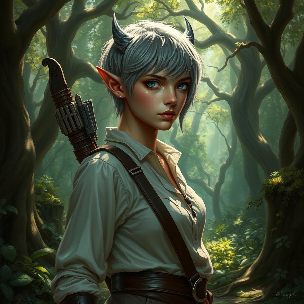 A changeling ranger stands in a mystical forest, with short hair and grey eyes that are sharp and alert