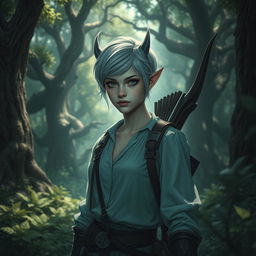 A changeling ranger stands in a mystical forest, with short hair and grey eyes that are sharp and alert