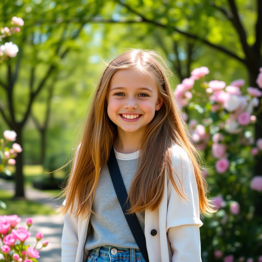 A cute teenage girl with a bright smile, wearing a casual outfit, standing in a sunny park