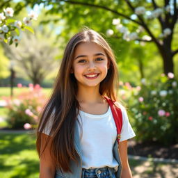 A cute teenage girl with a bright smile, wearing a casual outfit, standing in a sunny park