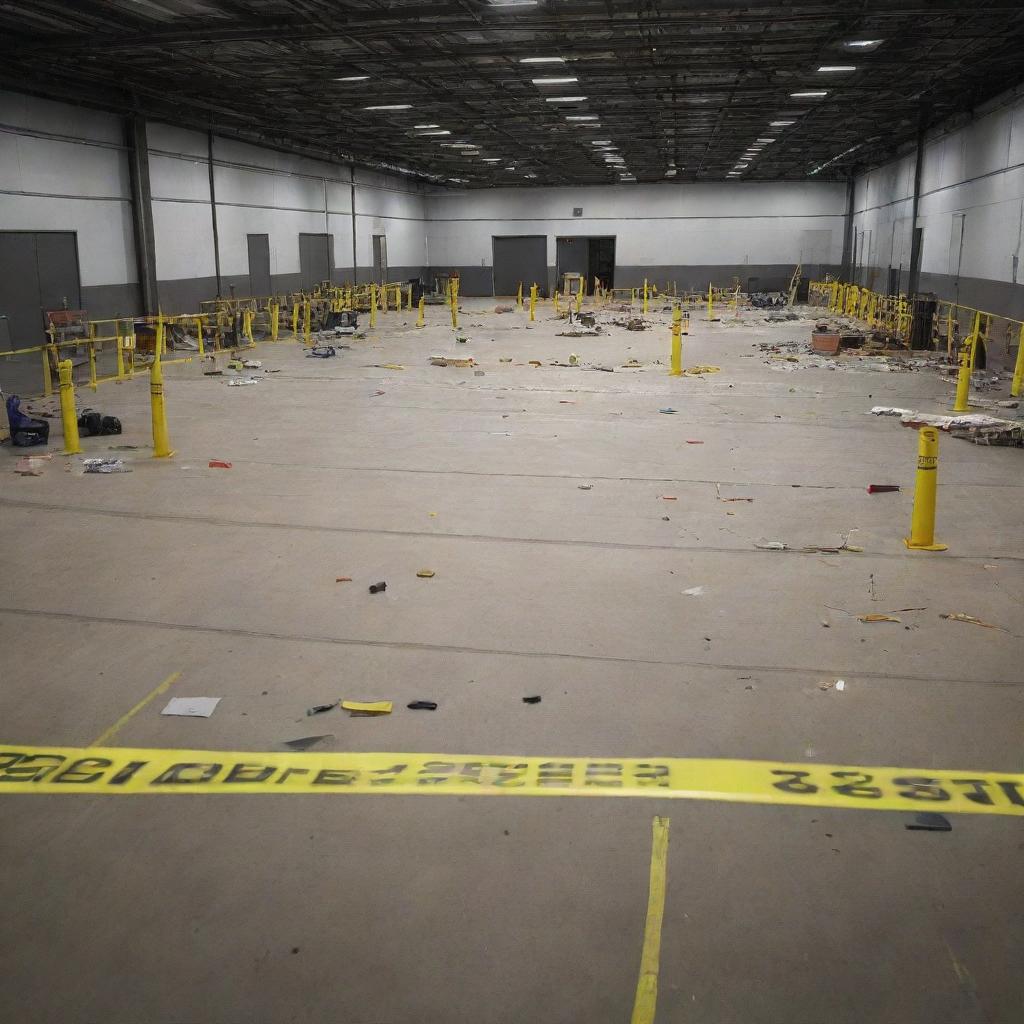 An intricately detailed image of a crime scene within a large industrial warehouse. Evidence markers, yellow tape, and scattered tools create a tense atmosphere.