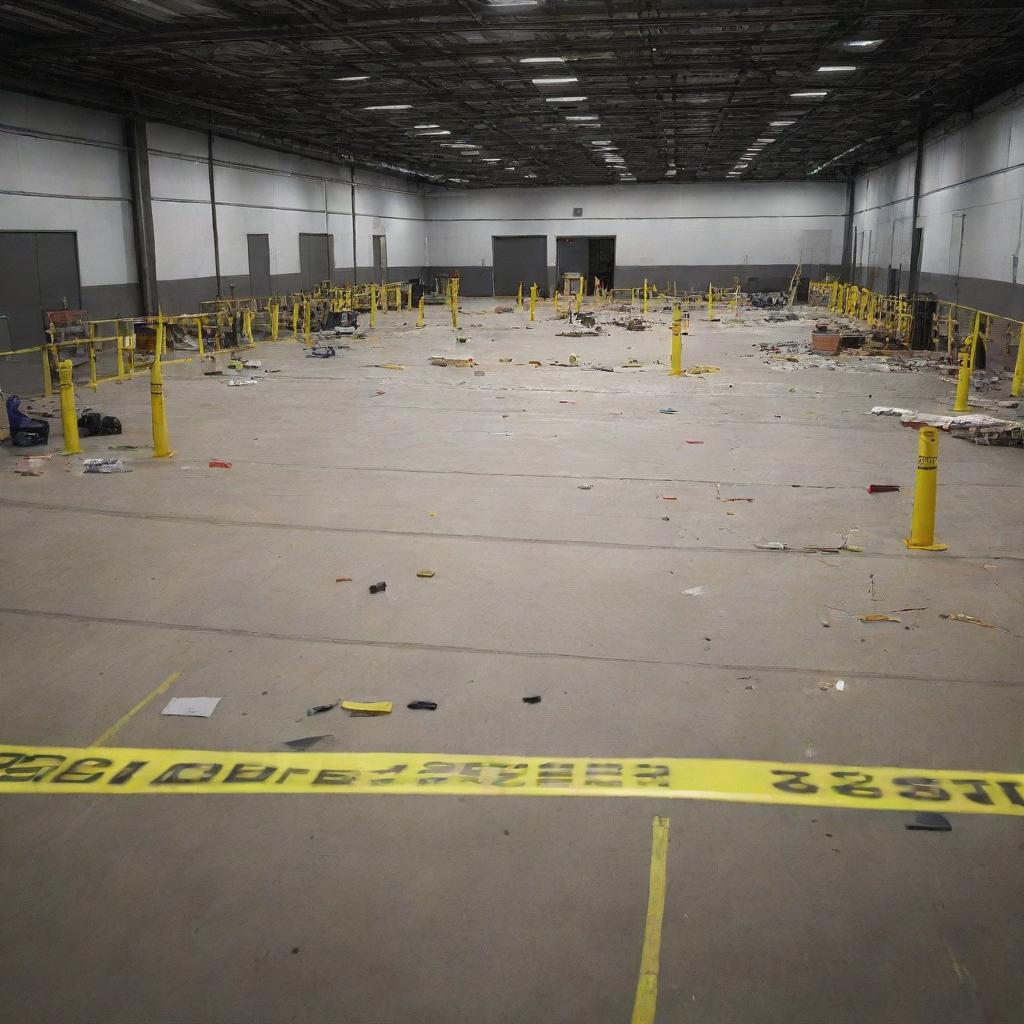 An intricately detailed image of a crime scene within a large industrial warehouse. Evidence markers, yellow tape, and scattered tools create a tense atmosphere.