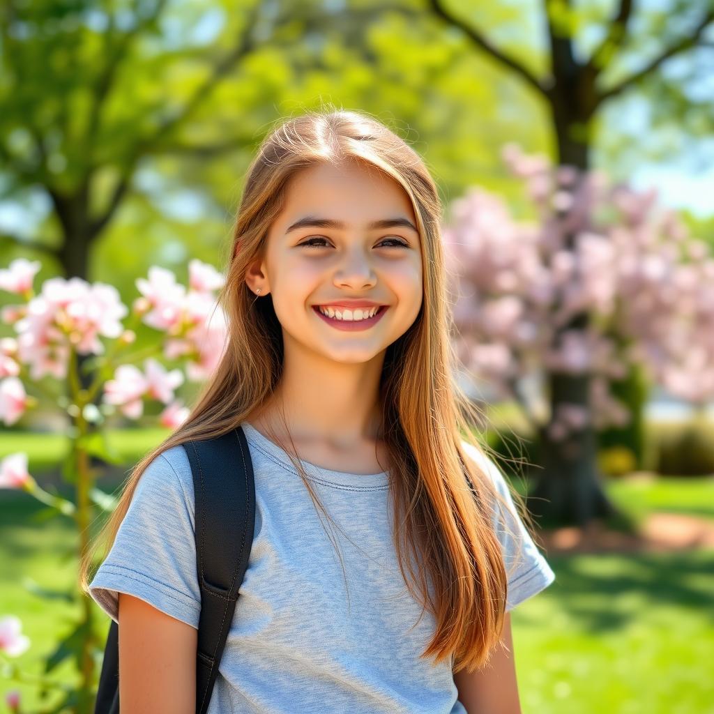 A cute teenage girl with a bright smile, wearing a casual outfit, standing in a sunny park