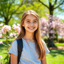 A cute teenage girl with a bright smile, wearing a casual outfit, standing in a sunny park