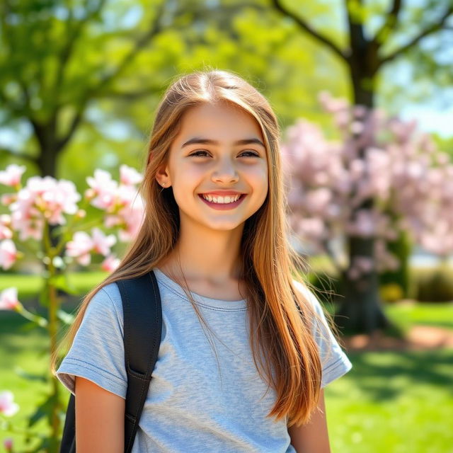 A cute teenage girl with a bright smile, wearing a casual outfit, standing in a sunny park