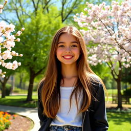 A cute teenage girl with a bright smile, wearing a casual outfit, standing in a sunny park