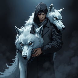 A manga man wearing a black hoodie that covers his face holds a huge white wolf beast by its neck with a chain