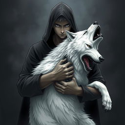 A manga man wearing a black hoodie that covers his face holds a huge white wolf beast by its neck with a chain