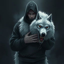 A manga man wearing a black hoodie that covers his face holds a huge white wolf beast by its neck with a chain