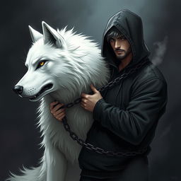 A manga man wearing a black hoodie that covers his face holds a huge white wolf beast by its neck with a chain