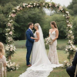 A heartwarming scene of a wedding ceremony with a bride and groom standing at an altar, set in an open garden under a floral arch.