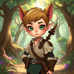 A cartoonish style changeling ranger stands in a whimsical forest, with short hair and expressive eyes that are sharp and alert