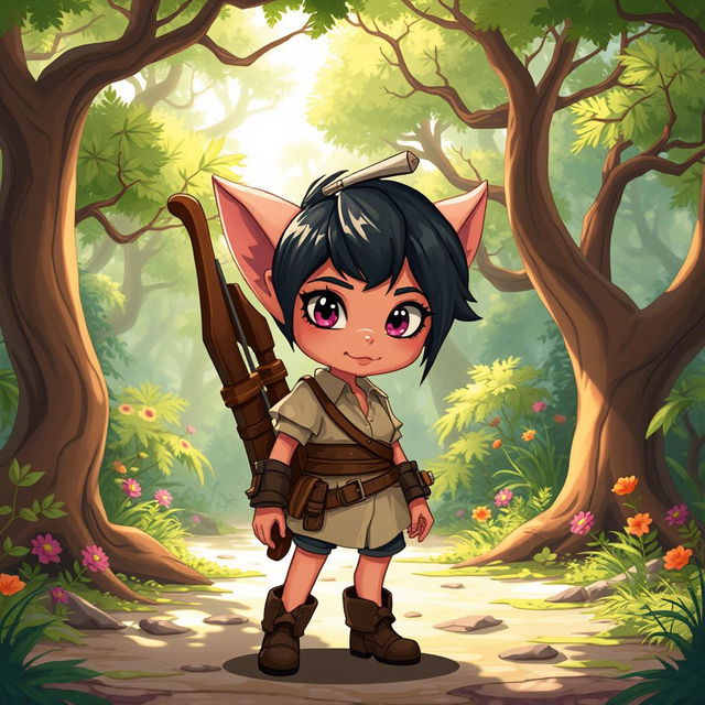 A cartoonish style changeling ranger stands in a whimsical forest, with short hair and expressive eyes that are sharp and alert