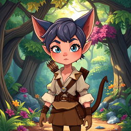 A cartoonish style changeling ranger stands in a whimsical forest, with short hair and expressive eyes that are sharp and alert