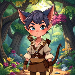 A cartoonish style changeling ranger stands in a whimsical forest, with short hair and expressive eyes that are sharp and alert