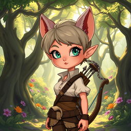 A cartoonish style changeling ranger stands in a whimsical forest, with short hair and expressive eyes that are sharp and alert