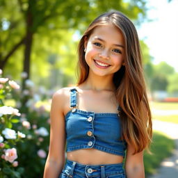 A cute teenage girl with a bright smile, wearing a tight denim outfit, standing in a sunny park