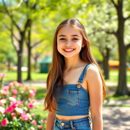 A cute teenage girl with a bright smile, wearing a tight denim outfit, standing in a sunny park