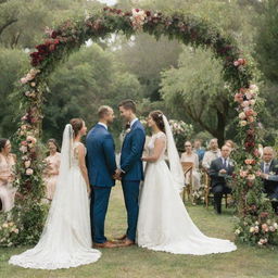 A heartwarming scene of a wedding ceremony with a bride and groom standing at an altar, set in an open garden under a floral arch.